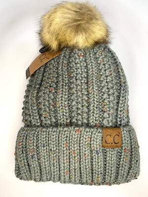 CC Fleece Lined Beanie Thick Cable Knit Faux Fur Pom SAGE Confetti NWT 