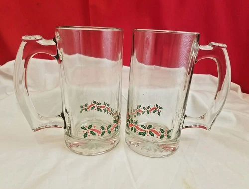 Libbey Christmas Holly & Berry Gold Trim, Beer Mug Glasses Set Of 2
