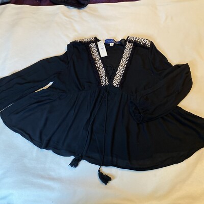 Francescas Blue Rain Sz L Black Boho Peasant Hippie Top Tassels & Fringe