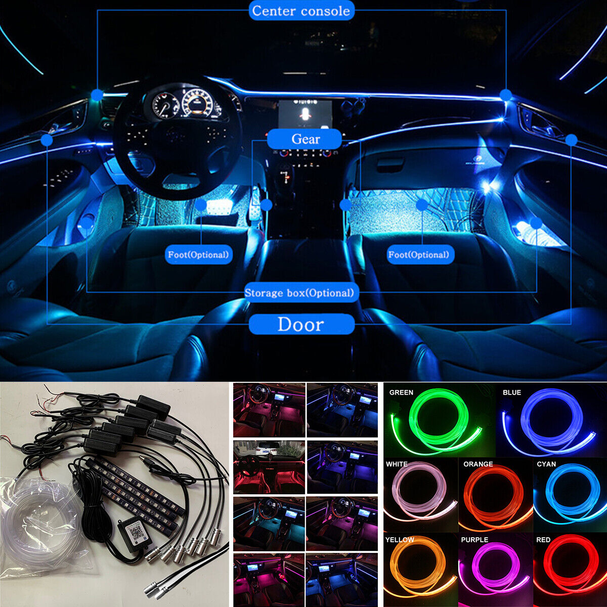 QAUBEN Car Ambient Lighting Optic Fiber Cable 64 Colors Music Sound Active  with RF Remote Control + APP Control Car Decorative Atmosphere Lighting