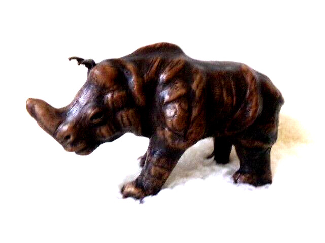 Vintage Leather Wrapped Rhinoceros w/ Glass Eyes Art Statue Sculpture