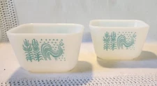 PAIR Vintage Pyrex Amish Butterprint Refrigerator Dish 501 Turquoise Rooster