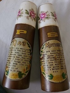 Vintage 1960’s MCM Mother & Dad Oak & Porcelain Salt & Pepper Shakers & Stoppers