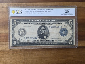 $5 1914 Federal Reserve note graded 20 VF E42391984A