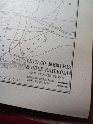 ~1910 Zugkarte Chicago Memphis & Golf Railroad Route projiziert & in Betrieb