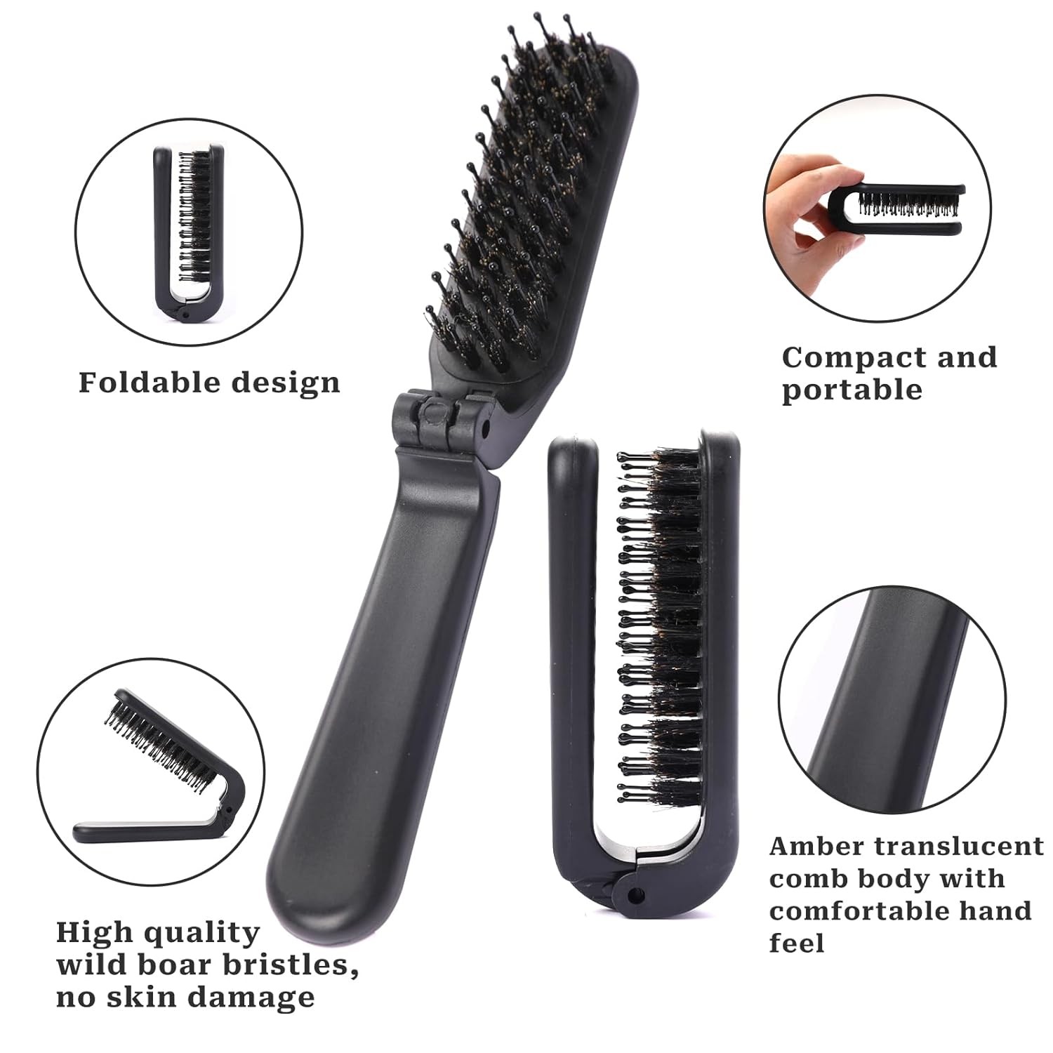 Foldable Brush for Purse, 2 Pack Small Portable Travel Hair 2 Pack, Black 