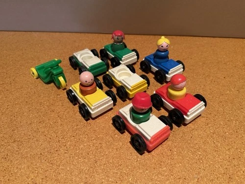 13 pc Vintage 70s Fisher Price Little People Lot Cars Tricycle Wooden Body
