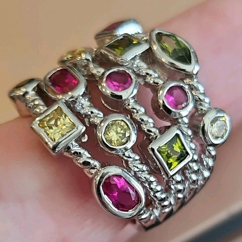 Big Statement Unique Silver Tone Multicolor Stone… - image 5