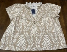 NEW Crown & Ivy  White & Tan Palm Tree Leaf Pattern Ruffle Collar Vneck Plus 3X