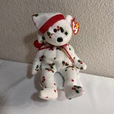 Ty 1998 Holiday Teddy Beanie Baby Christmas Bear Holly Pattern with Tag Retired