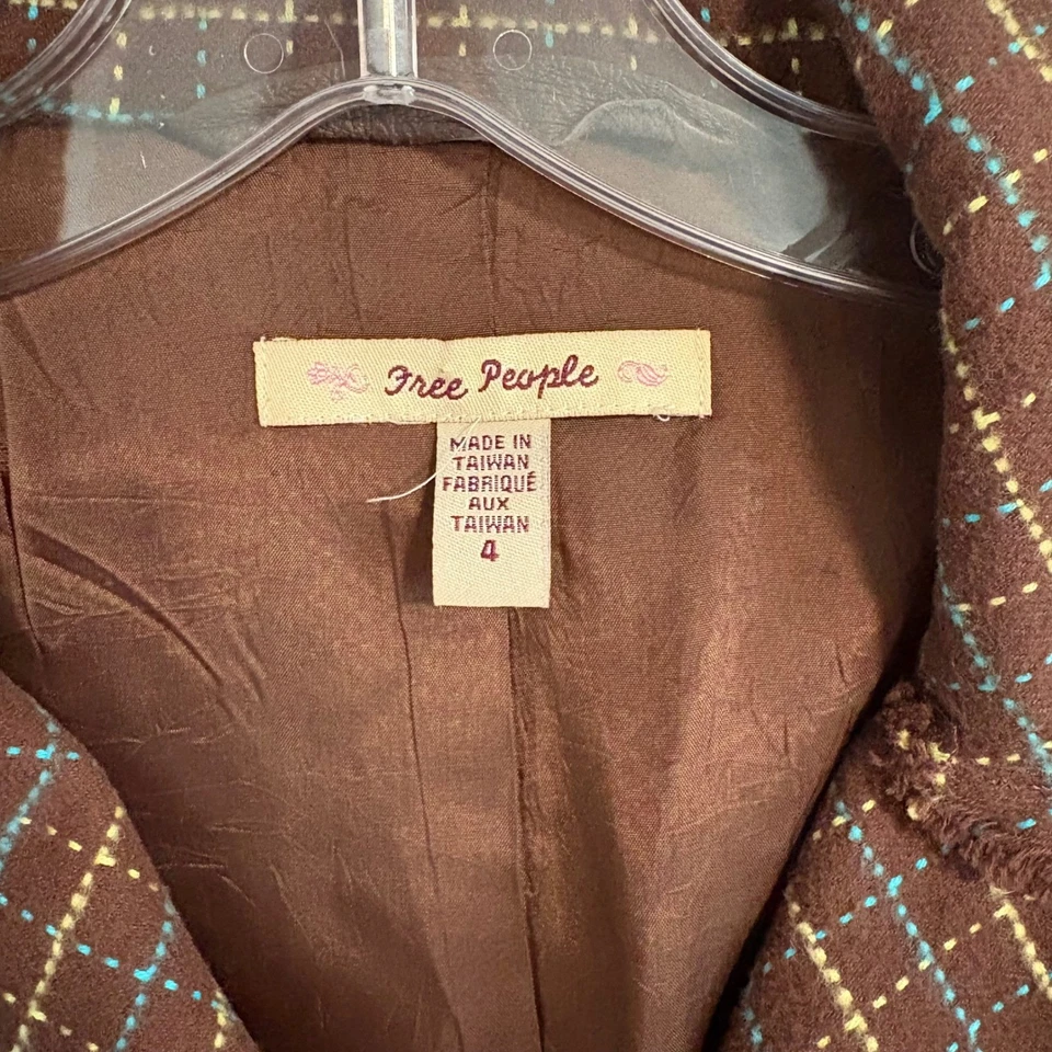 Chaqueta Blazer Free People Marrón Tweed a Cuadros Borde de Flecos Detalle de Cuero Talla 4 Foto 2 de 4