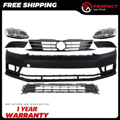 Front Bumper Cover Fascia & Grille Assembly Kit For 2015-2018 Volkswagen Jetta