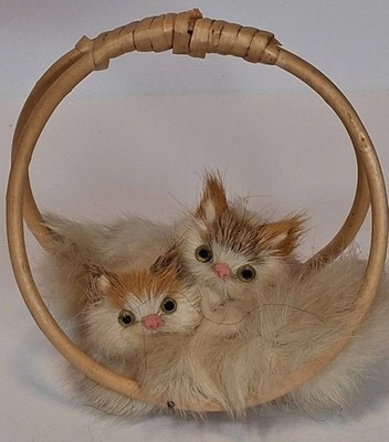 Rabbit Fur Cat Figurine Kittens REAL FUR Vintage Plush in wicker basket 4'' x  4''