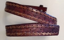 Brown Tooled Leather Belt, Stitched Design, Without Buckle, Size 38