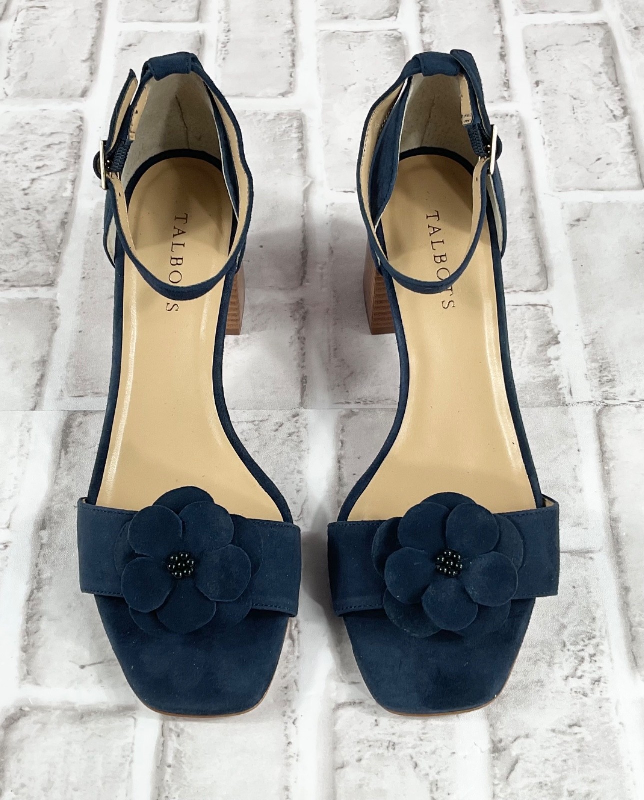 Talbots Sandals Womens Sz 9.5 M Navy Blue Suede Sienna Flower Block Heel NWOB