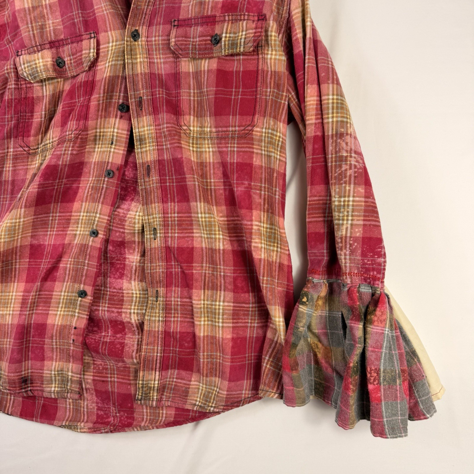 Vintage Pink Red Patchwork Plaid Embroidered Flan… - image 2