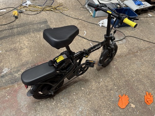 Electric Folding Mini Bike E Bike w Seat  Rear Rack  Compact Black