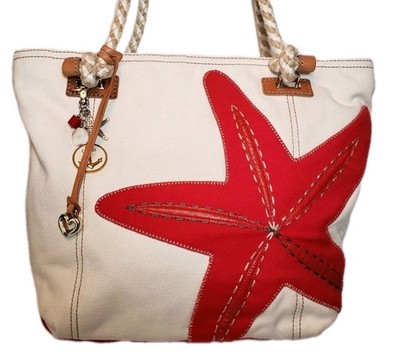 BRIGHTON RARE RED & WHITE STARFISH HARBOR TOTE ANCHOR CHARMED NAUTICAL TOTE 