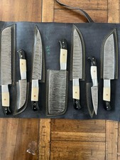 CUSTOM HANDMADE DAMASCUS 7 PIECES CHEF SET W/ BONE HANDLE & LEATHER BAG