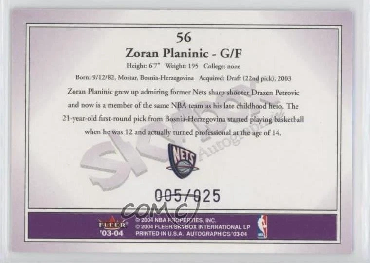 2003 Skybox Autographics Purple Royal Insignia /25 Zoran Planinic #56 Rookie RC - Image 2 of 2