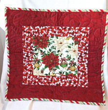 Christmas Poinsettia Quilted Table Topper Bright Reds, Candy Cane Handmade 18x19