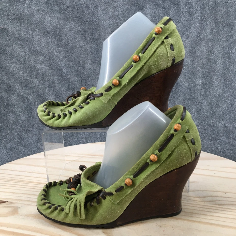 Tacones Sam Edelman para mujer 7,5 M borla madera cuña sin cordones bomba gamuza verde Foto 2 de 4