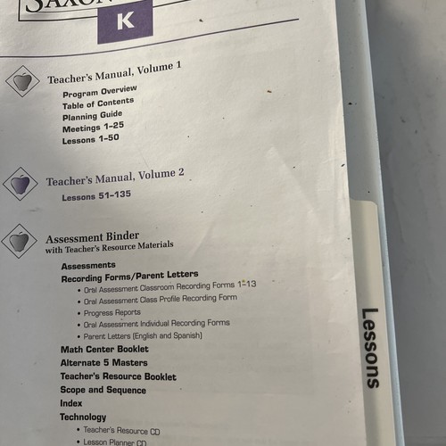 Saxon Math K, Kindergarten teachers manuals 1 & 2, Assessments/resource Binder - 第 4/8 張圖片