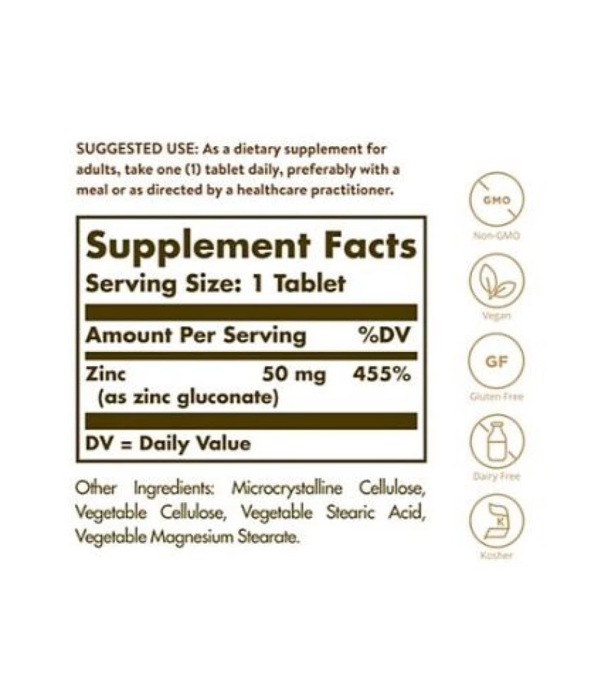 Zinc - Apoyo antioxidante, piel y sistema inmunológico - 50 mg (100 comprimidos) Foto 2 de 2