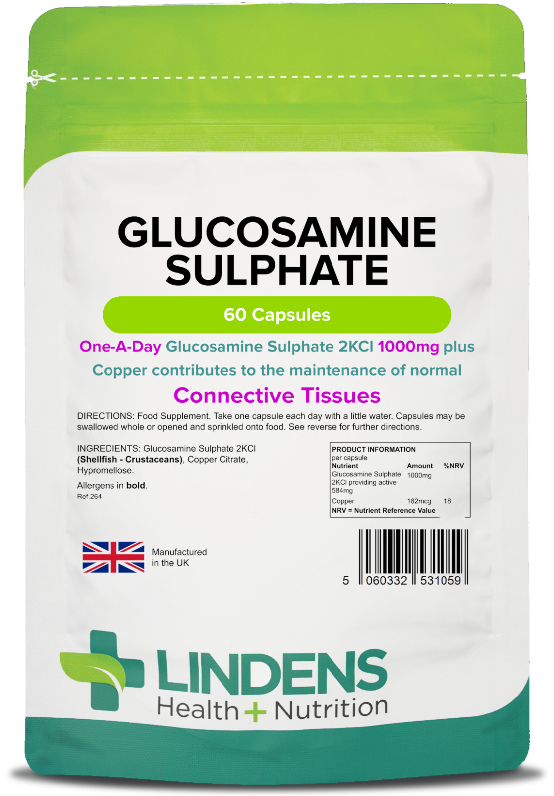 Glucosamine Sulphate 1000mg 60 Capsules for Normal Connective Tissue Lindens - Image 3