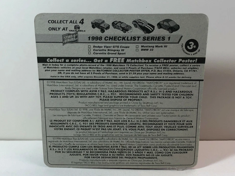 MATCHBOX MADNESS TACO BELL ПОЛНЫЙ НАБОР ИЗ 4 РЕКЛАМНЫХ АКЦИЙ США НА БЛИСТЕРНОЙ КАРТОЧКЕ 1998 - Изображение 3 из 4