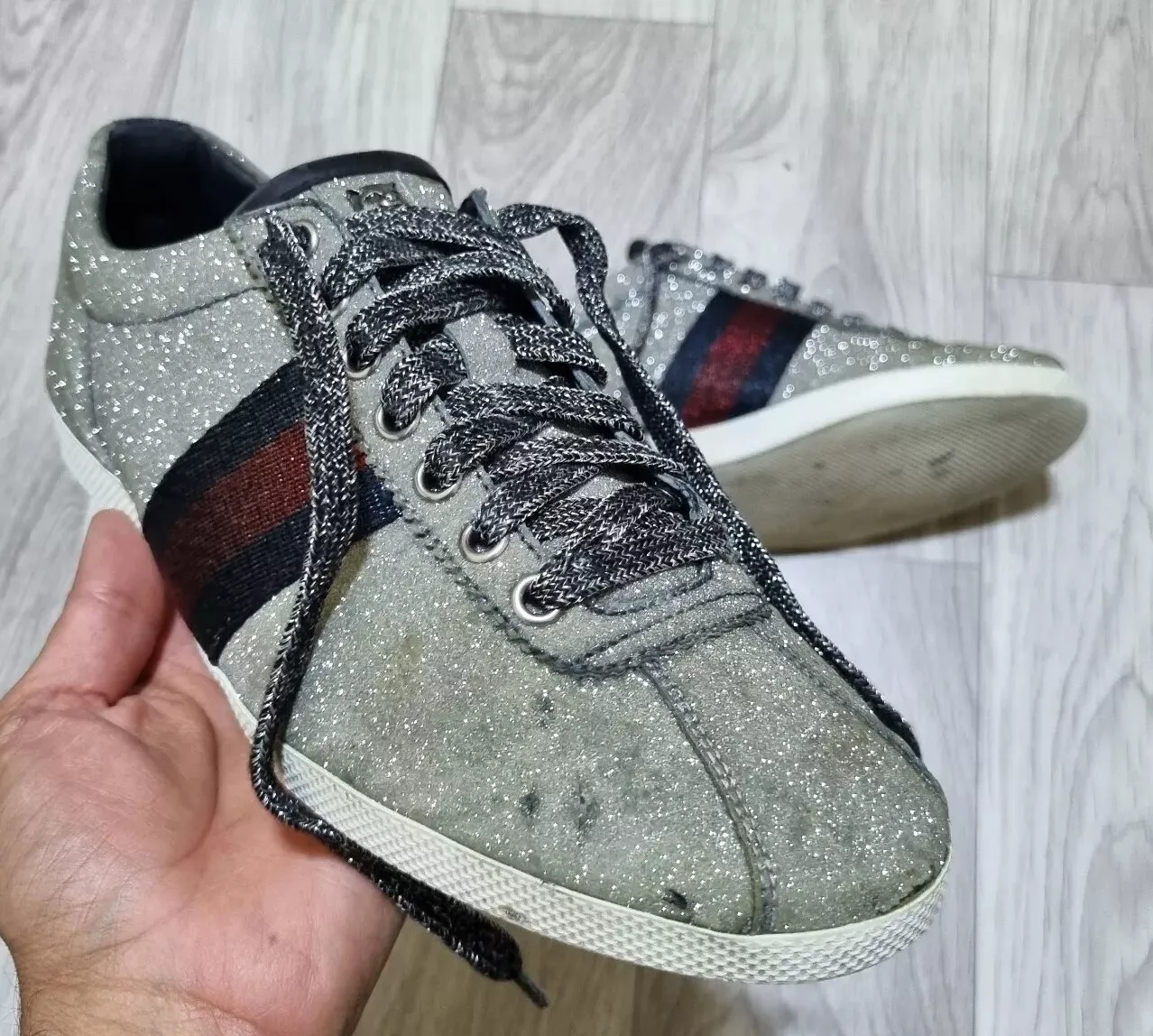 Chaussures Gucci GG Bambi paillettes en métal clouté toile baskets unisexes taille 8 Us