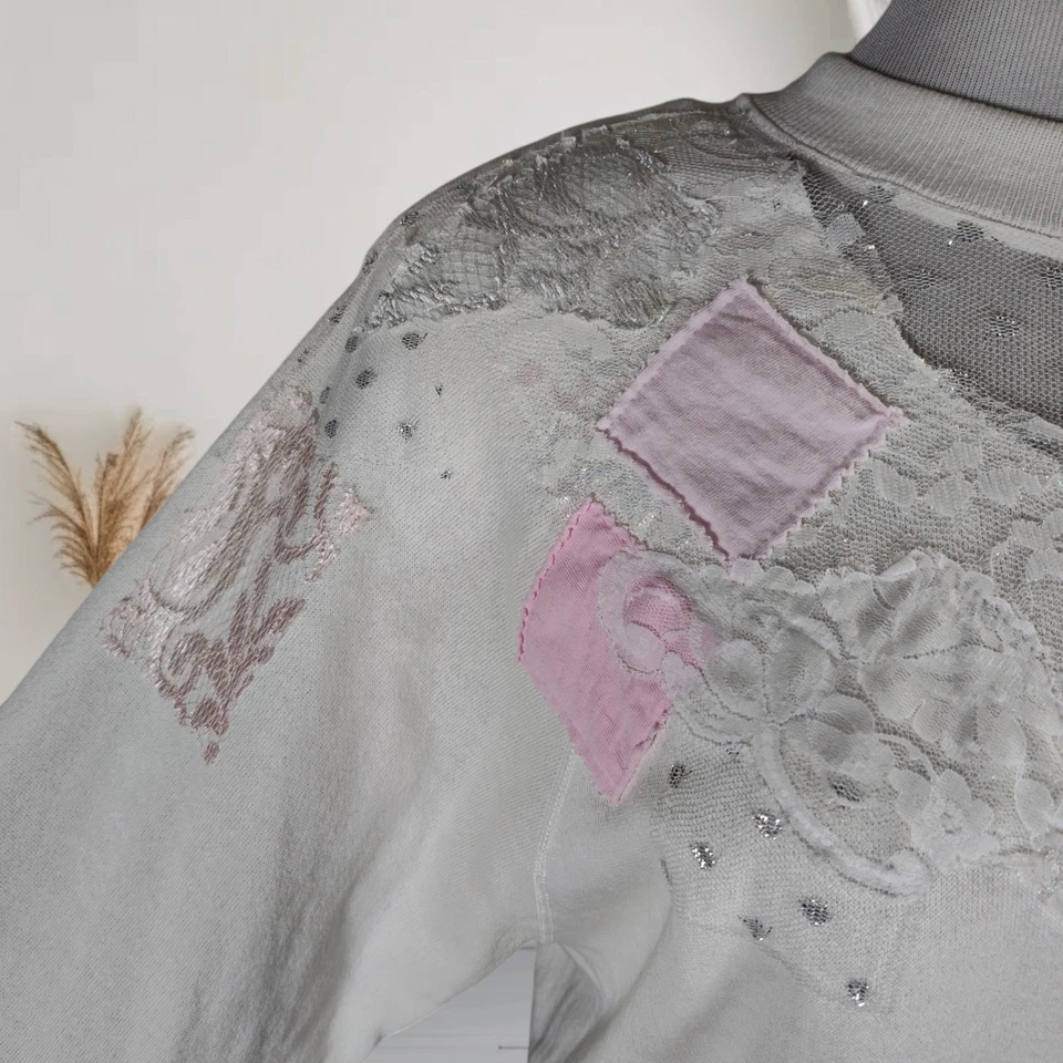 Vintage Oversized Embellished Sweatshirt Size L Lace Faux Pearls Glitter Bows - Image 4 of 4