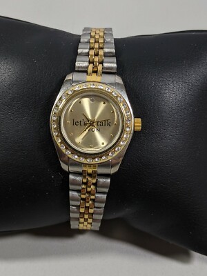 Avon Lets Talk Gold Tone Dial Crystal Accent Bezel Two Tone Stainless Band Watch