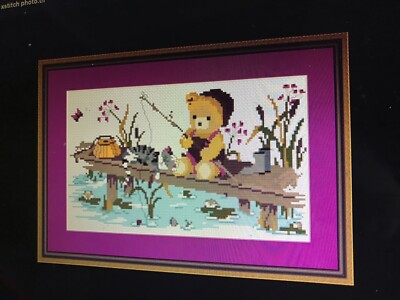 #150 Teddy Bear fishing cross stitch kit with clear chart & quality threads
