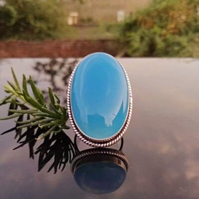 Fin Bleu Calcédoine Pierre Précieuse 925 Argent Bague Tout Taille