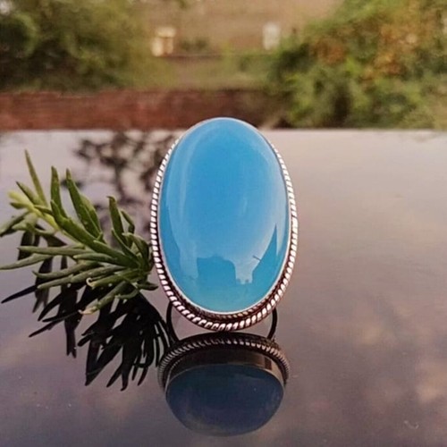 Bague En Argent 925 Avec Agate Bleue Lace Ou Calcédoine – Ajustable – 9.02g