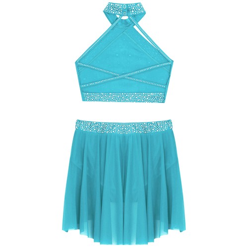 UK Girls Lyrical Dance Costume 2 Pc Halter Backless Crop Top with Skirt Outfit - Picture 51 of 105
