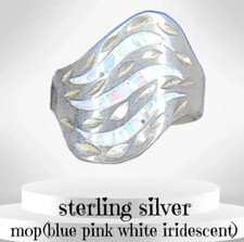 Wavy Lines Of Mother of Pearl Inlay Ring Set in 925 Sterling Silver MOP 8.5 8.75