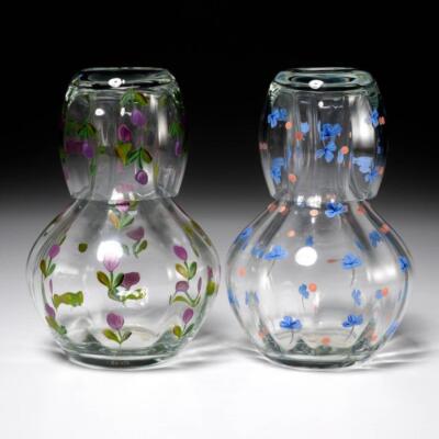 Pair of Hand Painted Water Carafes Pitcher Decanter and Drinking Glasses 4pc Lot