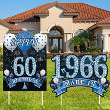 2Pcs Birthday Yard Signs,60Th Birthday Decorations for Men Blue Silver Happy 60
