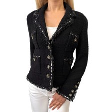 CHANEL Vintage 94A CC Logo Tweed Jacket Blazer Black White Wool Button