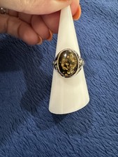 Vintage Sterling Silver 925 Oval Green Amber Ring, Size 7.25
