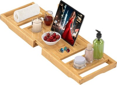 Bathtub Tray Caddy,Premium Bamboo Expandable Bath Tub Trays Table Foldable