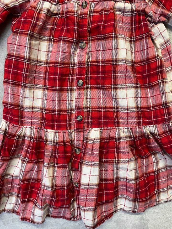 H&M Dress Kids 6 Red Plaid Pullover Long Sleeve Round Neck Button Casual Comfort - Image 3 of 4