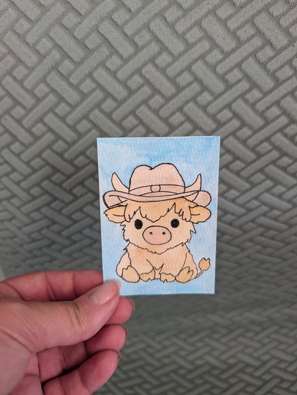 Aceo Original Watercolor Cowboy Cow Painting| #1 Of 3