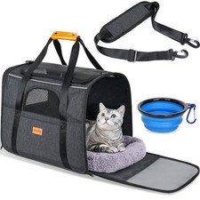 Cat  Dog Carrier, Soft Sided, Airline Approved, Safety Zippers, Foldable Bowl