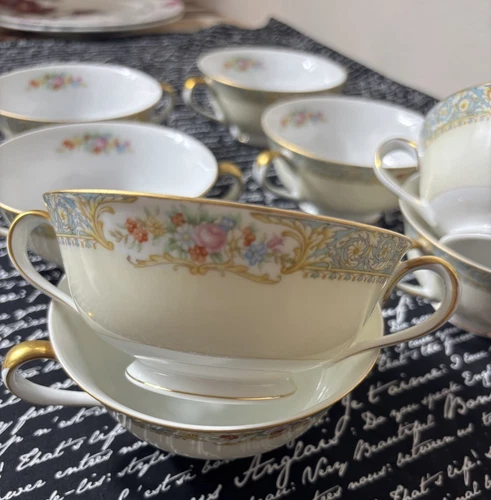 Noritake China Double Handle Cup Set Of 8 Handpainted Japan Vintage M Roses Gold