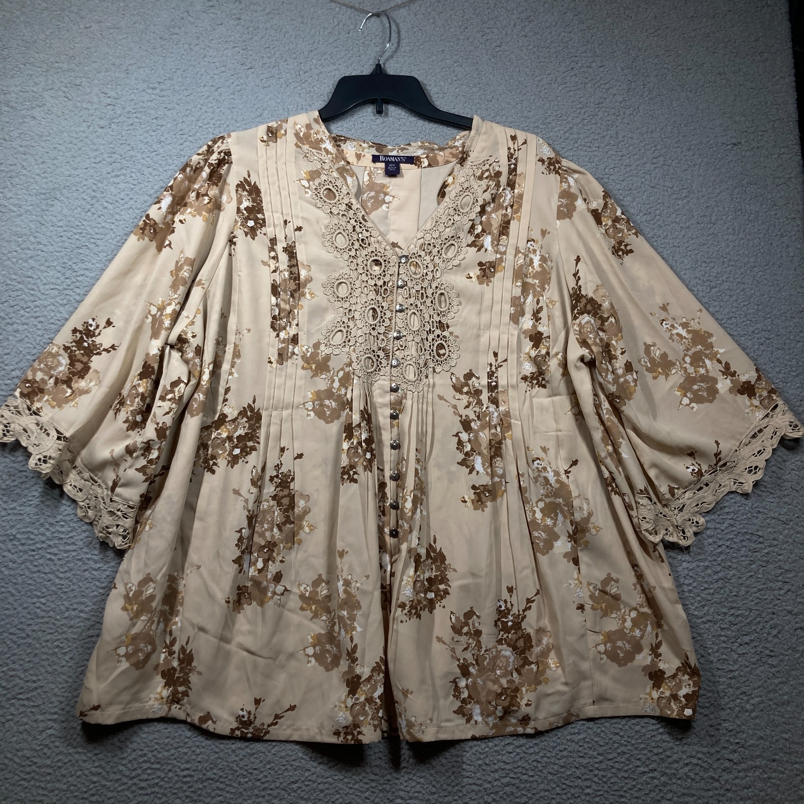 Roaman's Top Womens Plus 26W Beige Floral Button Up 3/4 Sleeve Crochet Detail