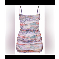 PrettyLittleThing Bodycon Dress Lilac Oriental Print Mesh Ruched Strappy Size 2 