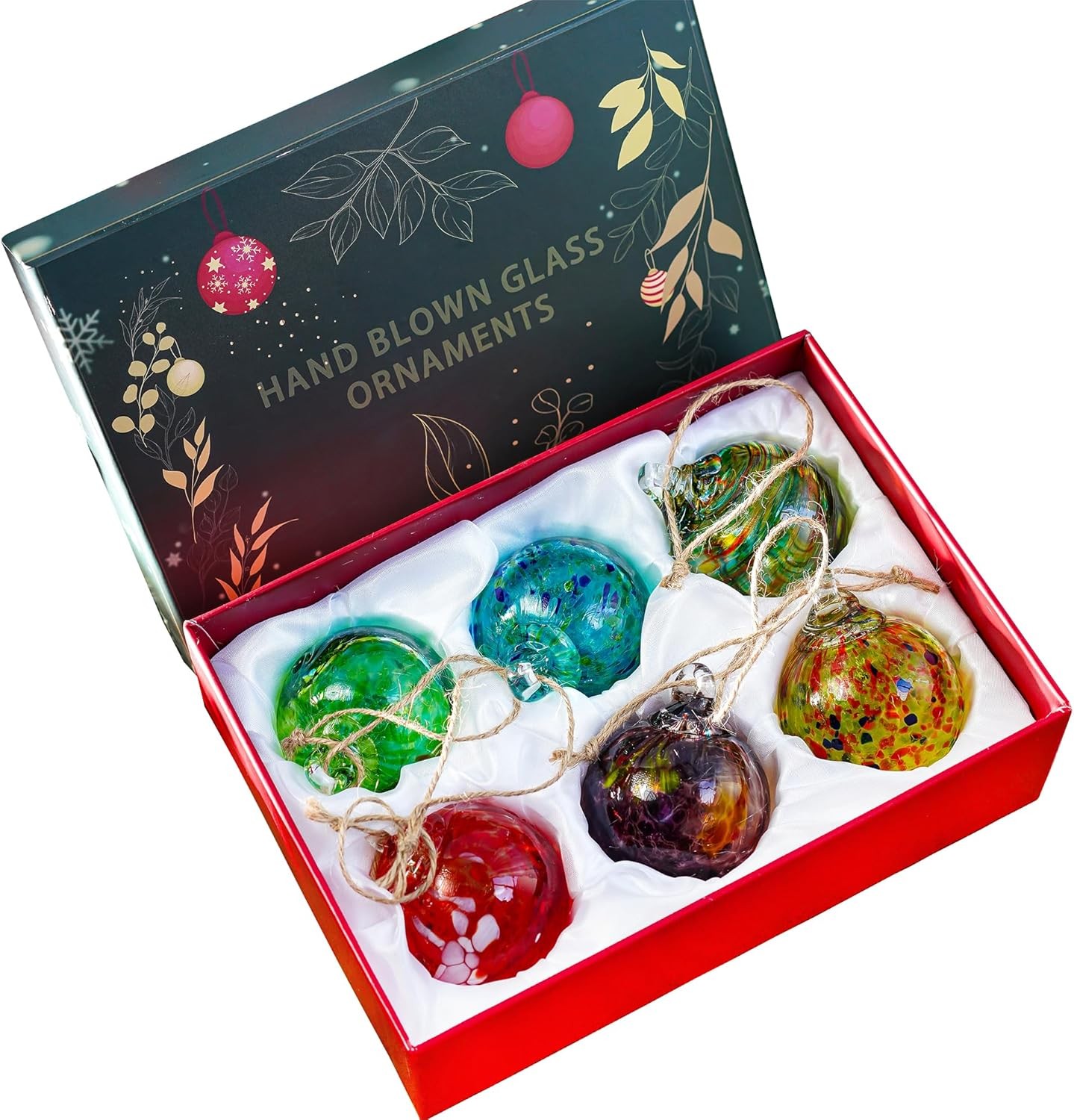 QFkris 6 Pack Hand Blown Glass Ornament for Christmas Tree, 2.3" Hanging... 